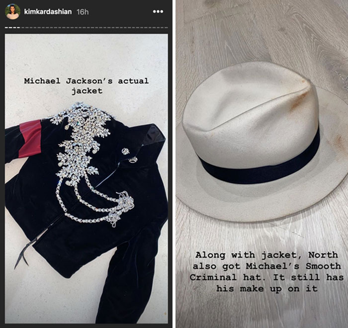 Celebrity flaunts wealth with Michael Jackson's bejeweled jacket and iconic white hat on display.
