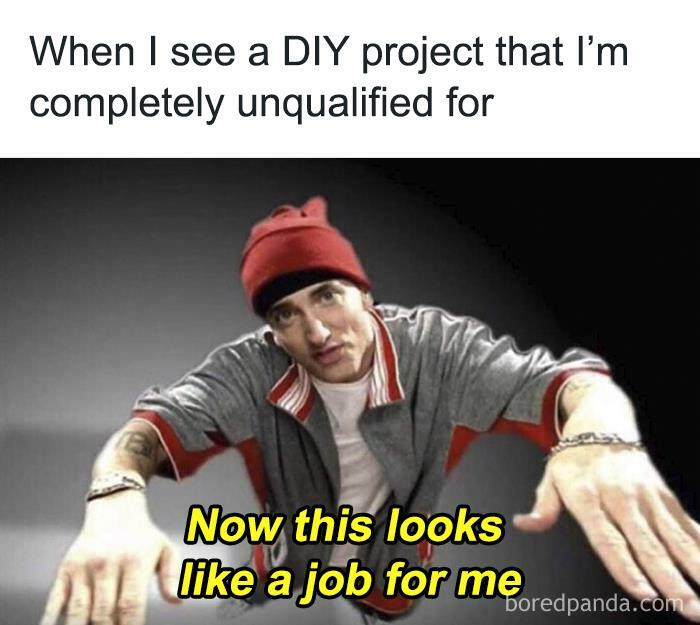 Meme about owning a home: person in a red beanie and grey shirt with text about being unqualified for a DIY project.