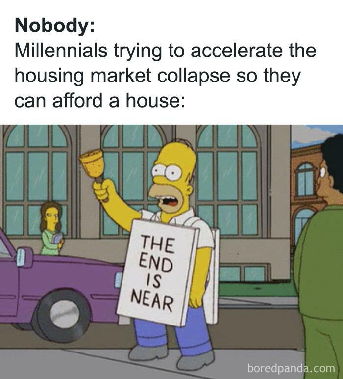 Cartoon character holding a bell and a sign saying "The end is near," humorously depicting home-owning challenges.