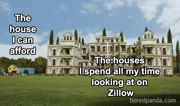 Meme about owning a home showing a tiny house versus a mansion, highlighting the difference in affordable versus dream homes.