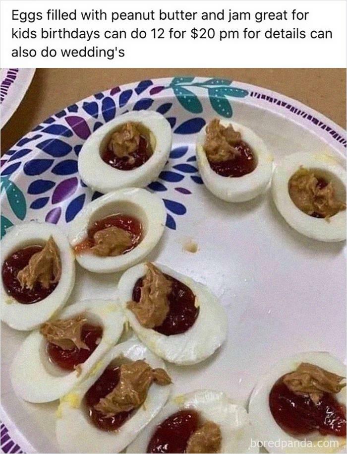 Deviled eggs filled with peanut butter and jam on a paper plate, an unusual example of food with threatening aura.