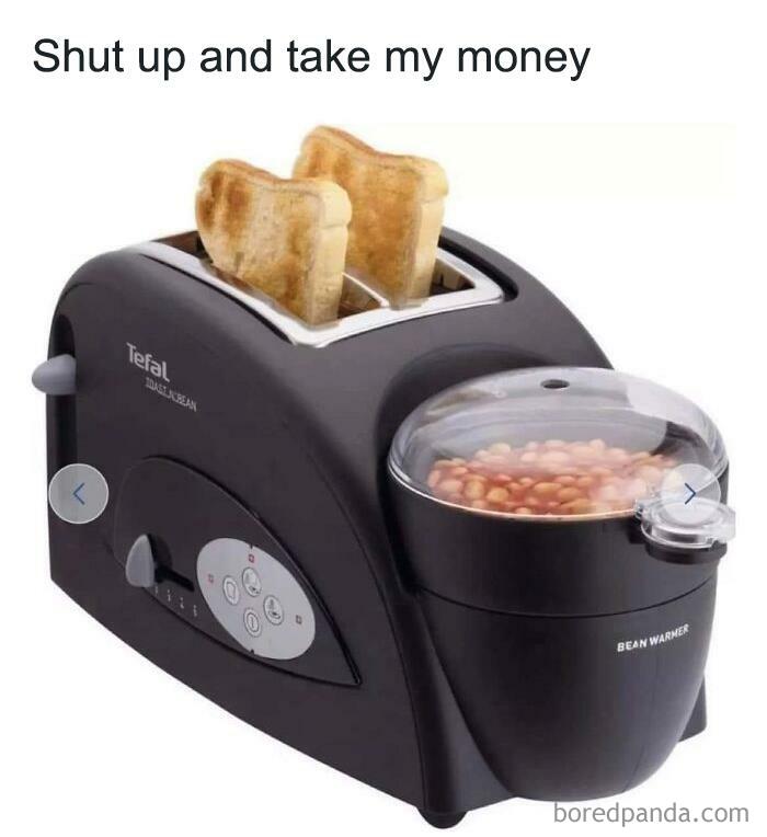 Toaster with bean warmer attachment heating toast and baked beans, a unique and unusual food gadget example.