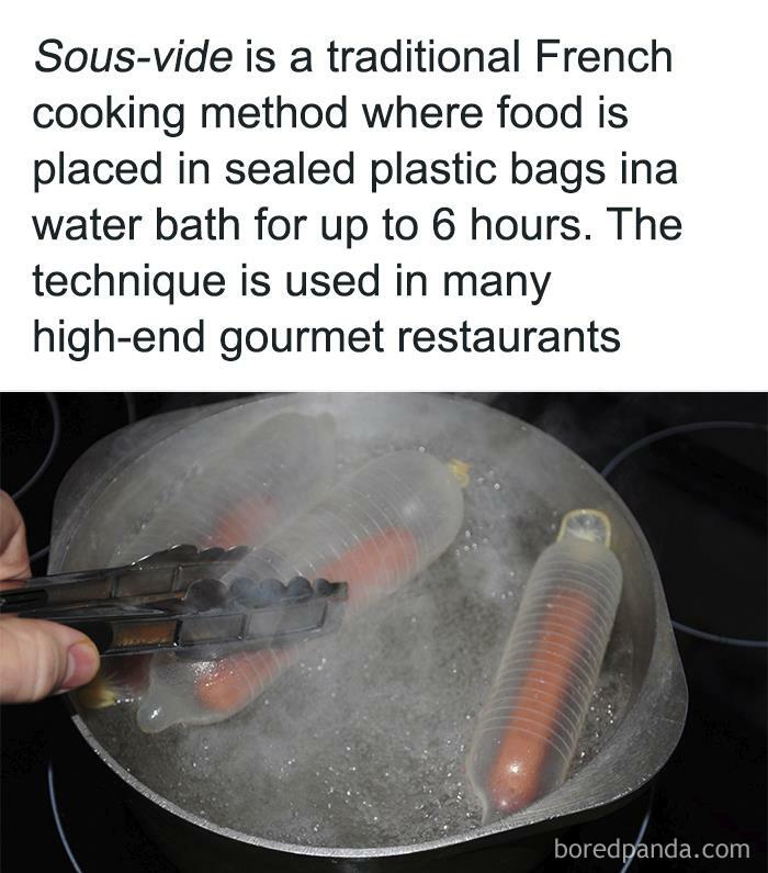 Sous-vide hot dogs cooking in sealed plastic bags in boiling water, shown as a strange food example with threatening aura.