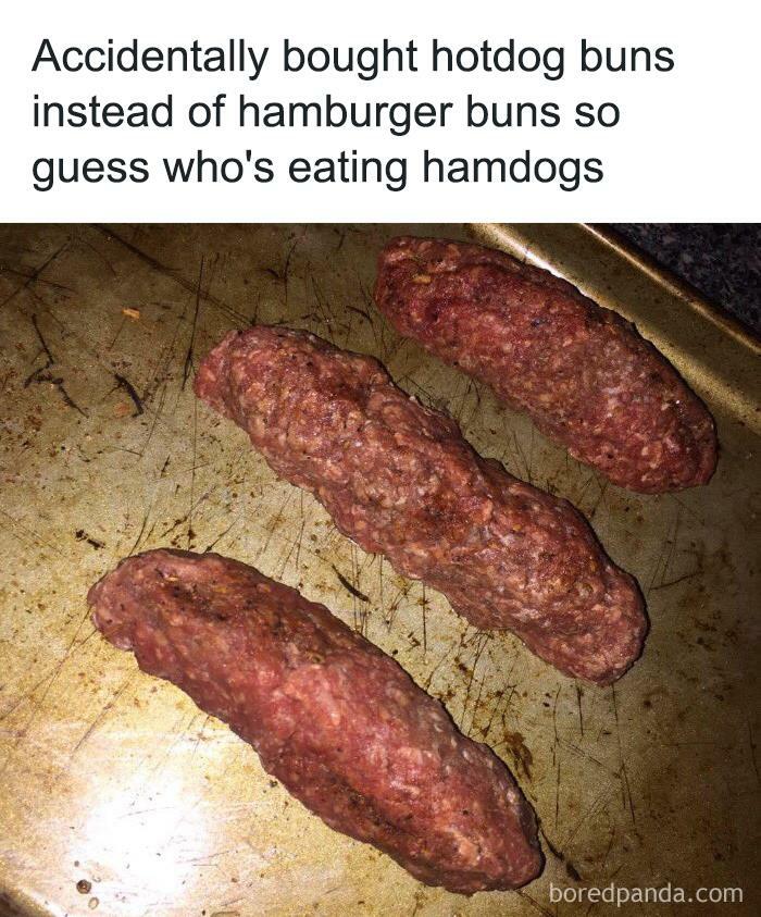 Undercooked meat shaped like sausages on a baking tray representing a worst example of food with threatening auras.