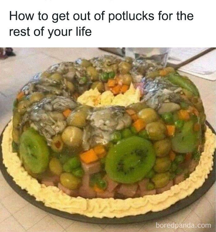 Unappetizing vintage gelatin mold with kiwi, peas, carrots, and olives, an example of food with threatening auras.