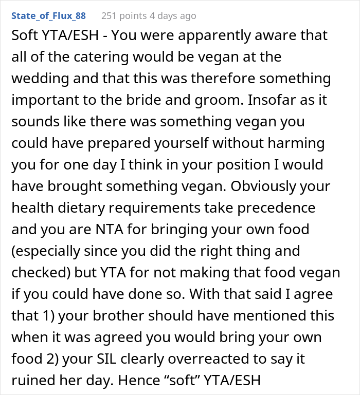  Woman Brings Her Own Food To A Vegan Wedding Because The Couple Didn't Want To Cater To Her Specific Diet, Drama Ensues