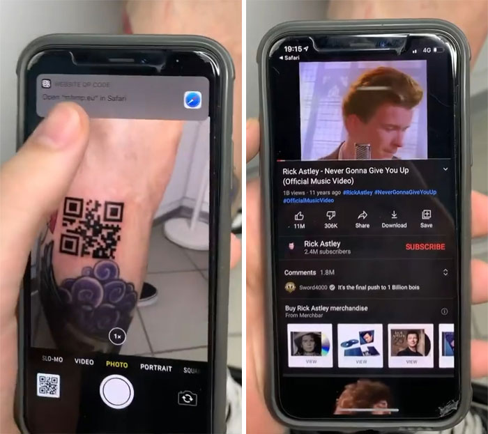 Two smartphones displaying a QR code tattoo linking to Rick Astley's "Never Gonna Give You Up" video; crazy tattoos showcase.