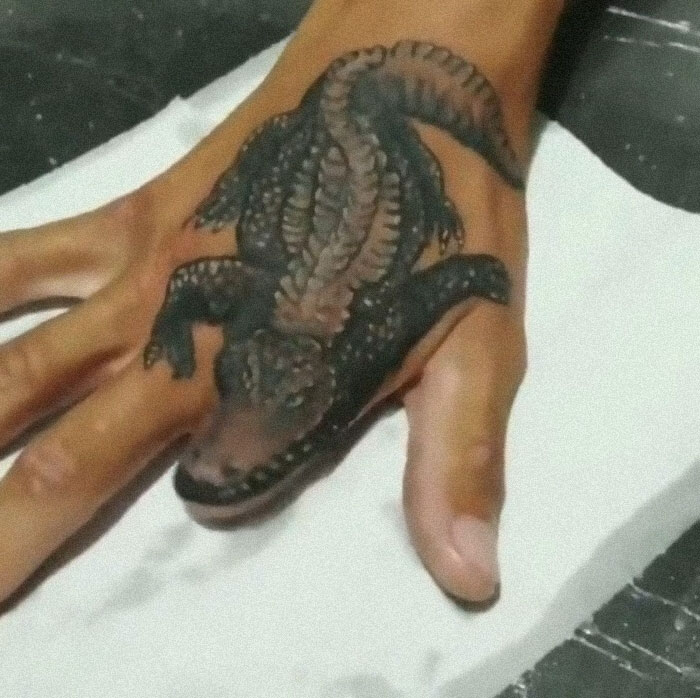 Hand with a detailed alligator tattoo showcasing a unique and crazy tattoo design.