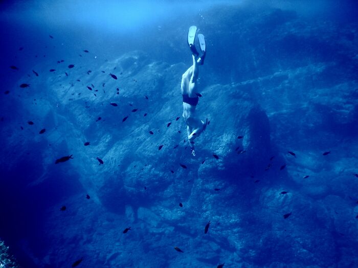 Freediver descending into deep blue ocean water surrounded by small dark fish, illustrating creepy ocean facts. - 20