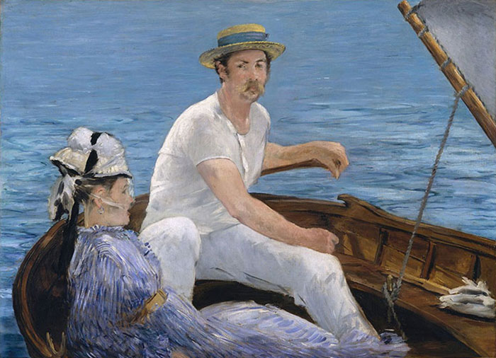 Two people in a small boat on calm water, featured in famous paintings in art history.