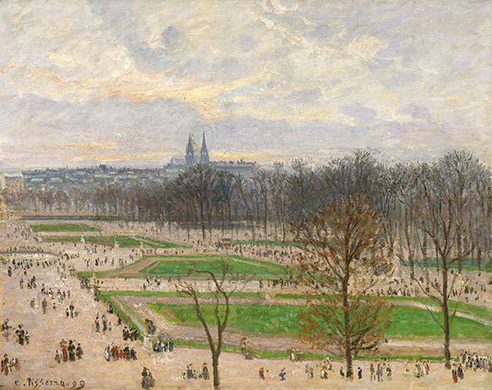 Famous painting depicting a bustling park scene with trees and distant cityscape under a cloudy sky.