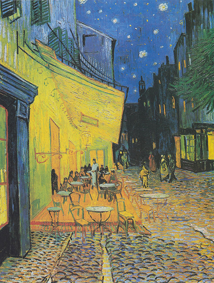 Famous painting of a vibrant night cafe scene with a starry sky.