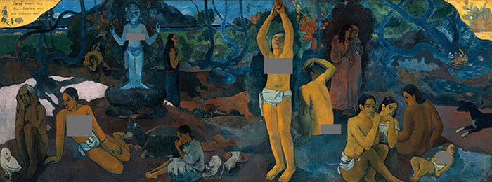 A famous painting by Paul Gauguin featuring several figures in a lush, tropical landscape.