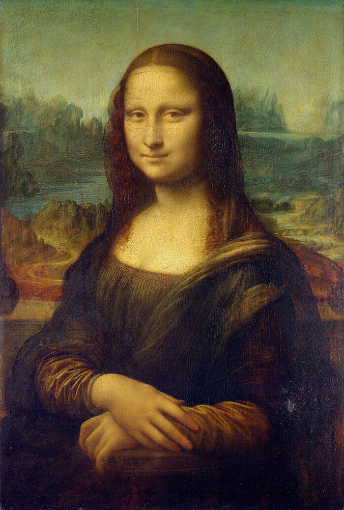 Famous painting featuring a woman with a subtle smile, set against a detailed landscape background.