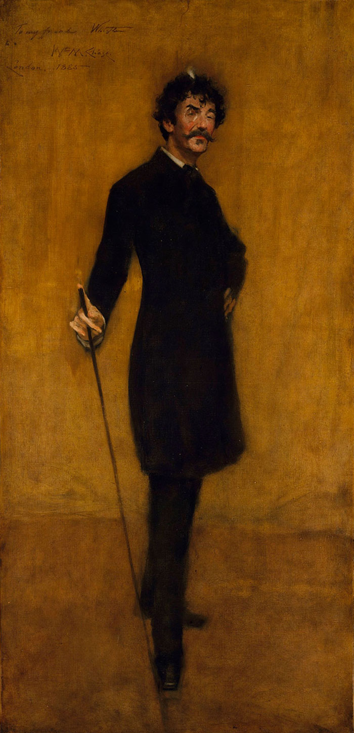 A famous painting featuring a man in a dark suit with a cane against a brown background.