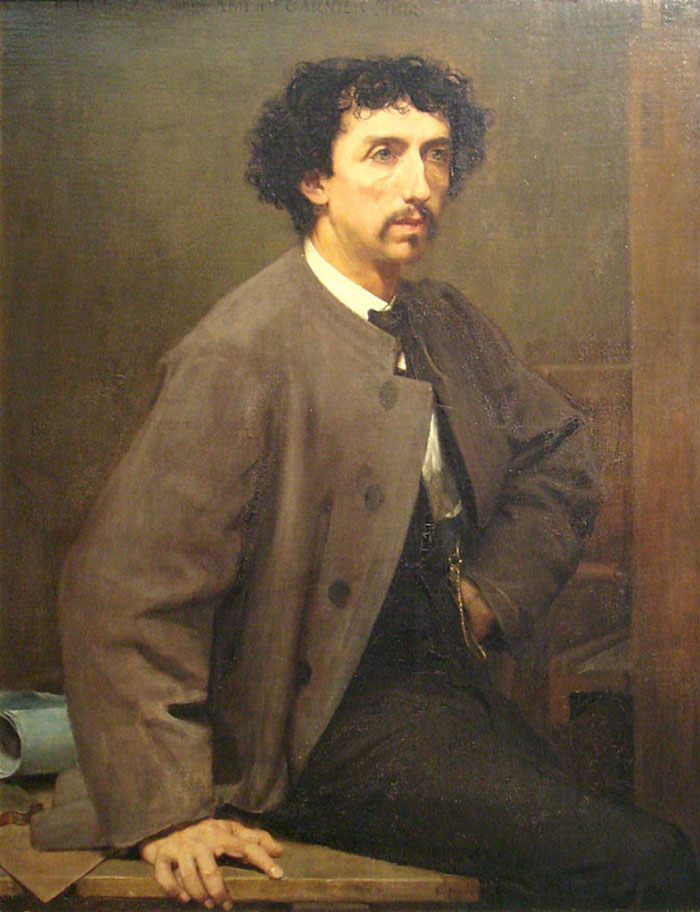 A famous painting depicting a man with curly hair and a mustache, wearing a gray suit, sitting thoughtfully.
