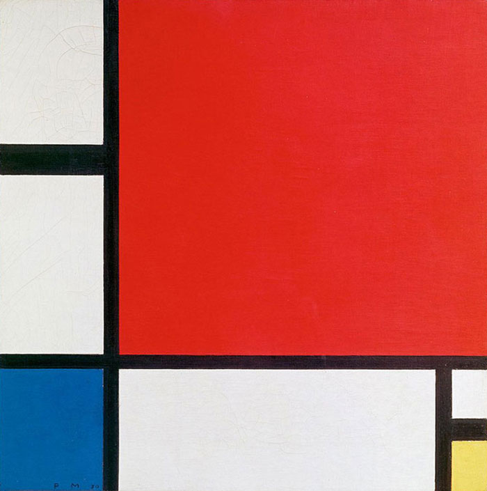 Abstract geometric composition with red, blue, and yellow squares, famous painting in art history.
