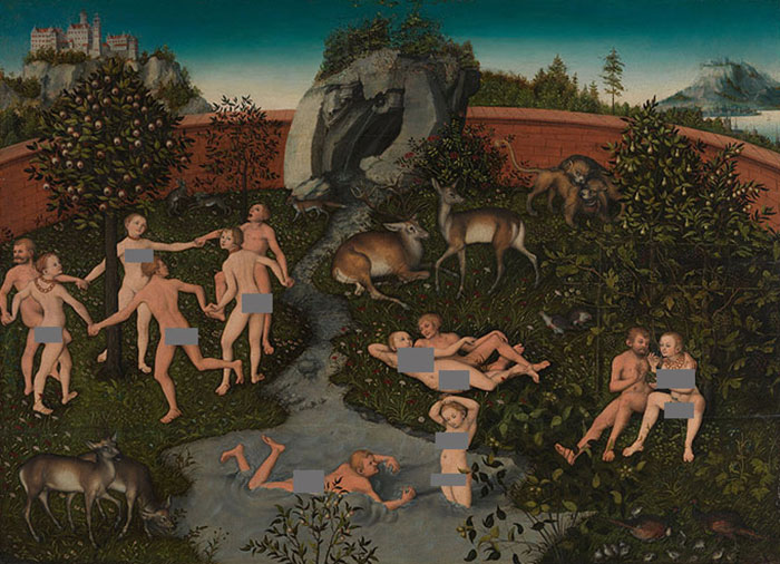 A famous painting depicting an idyllic paradise scene with humans and animals, surrounded by lush nature.
