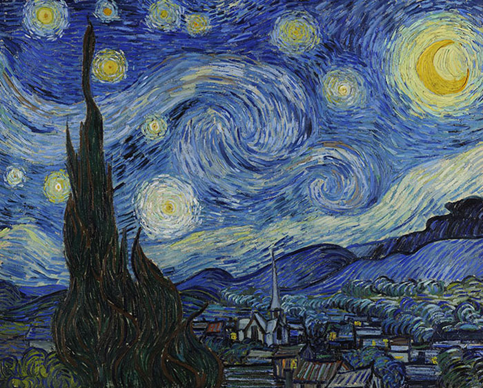 Starry Night painting with swirling sky and bright stars, one of the most famous paintings in art history.
