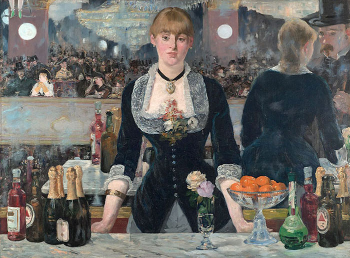 A woman stands behind a bar with bottles and a bowl of oranges in one of the most famous paintings in art history.