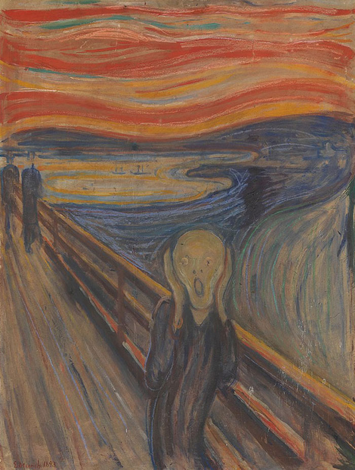 A person on a bridge holds their face in anguish under a swirling sunset; famous painting by Edvard Munch.