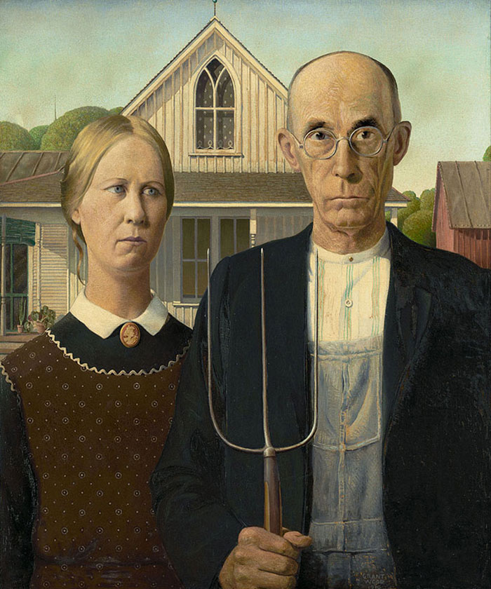 A famous painting depicting a stern-faced man with a pitchfork and a woman in front of a farmhouse.