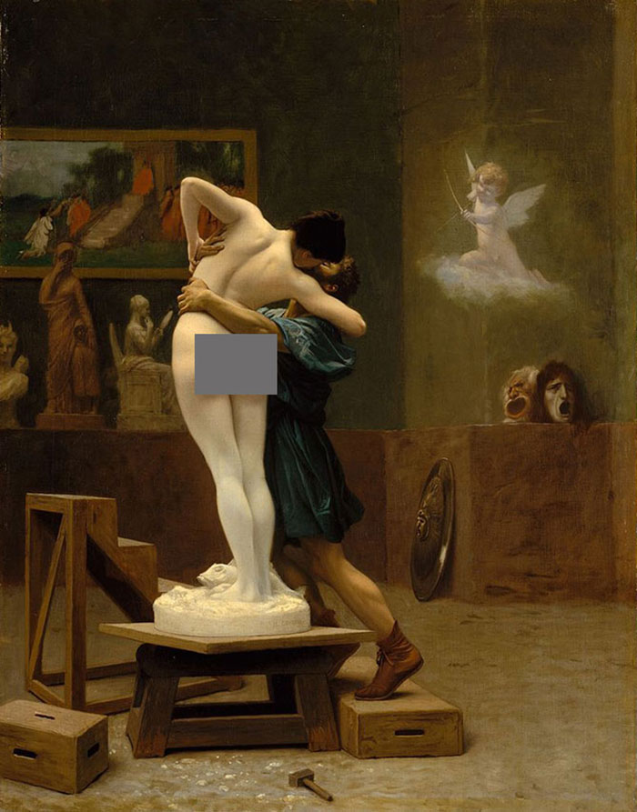 A classic painting depicting a sculptor passionately embracing a statue in his studio, illustrating famous art history.