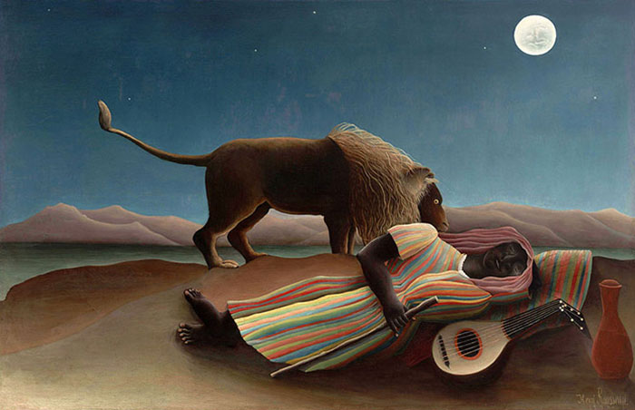 Famous painting of a sleeping figure by a lion under a moonlit sky.