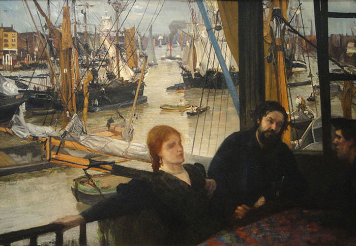 Painting depicting a waterfront scene with ships and people, highlighting one of the most famous paintings in art history.