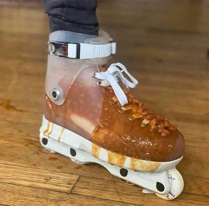 Roller skate covered in beans and sauce, a bizarre example of food with threatening auras shared online.