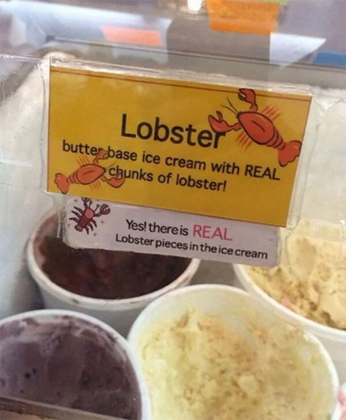 Ice cream display featuring lobster flavored ice cream with real lobster chunks, an unusual and threatening food example.