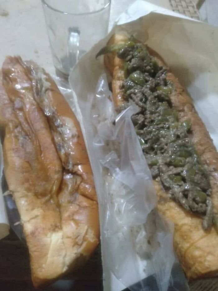 Two poorly prepared sandwiches with unappetizing fillings on white paper, illustrating bad examples of food with threatening auras.