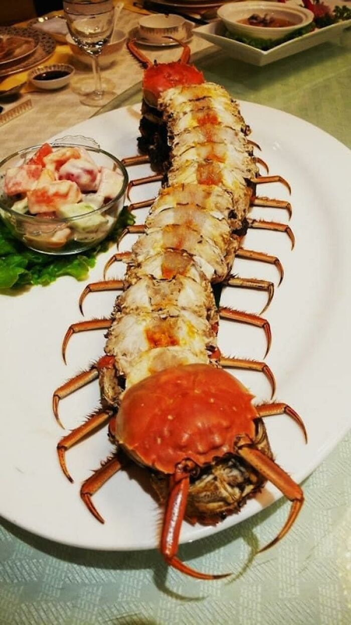 Centipede-shaped food dish made of crab and seafood served with salad on a white plate, unusual food with threatening aura.