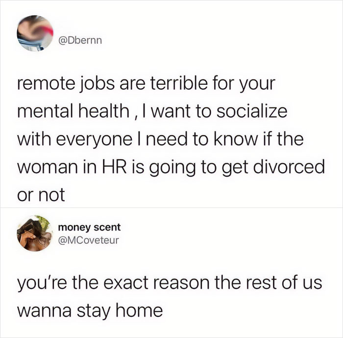 Funny relatable anti-work post about remote jobs and socializing with coworkers for mental health.