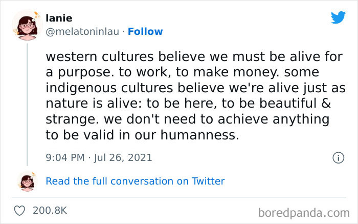 Tweet screenshot about work and purpose, reflecting relatable anti-work thoughts shared online.