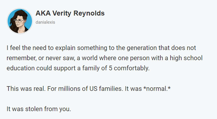 Anti-work post text explaining how supporting a family on a high school education was once normal for millions of US families.