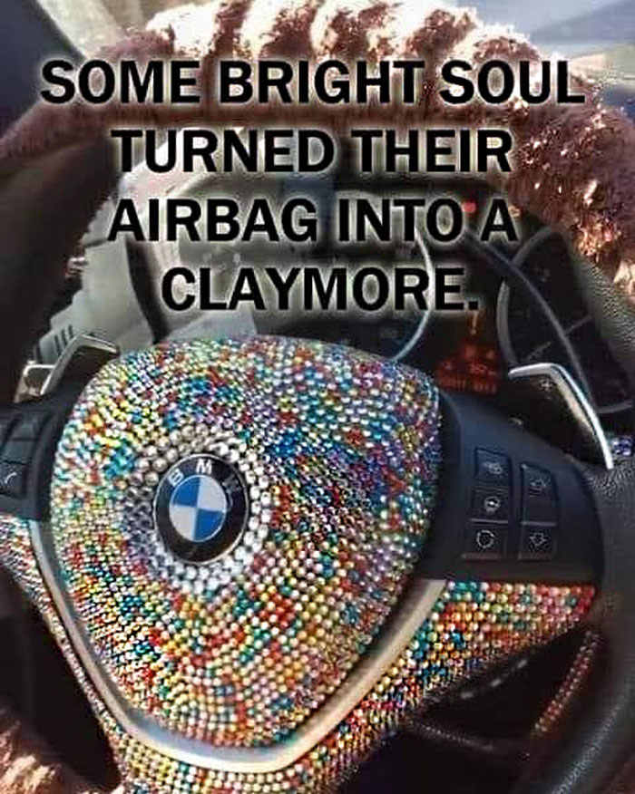Steering wheel covered in colorful beads with text about transforming an airbag, showing bad driver humor.