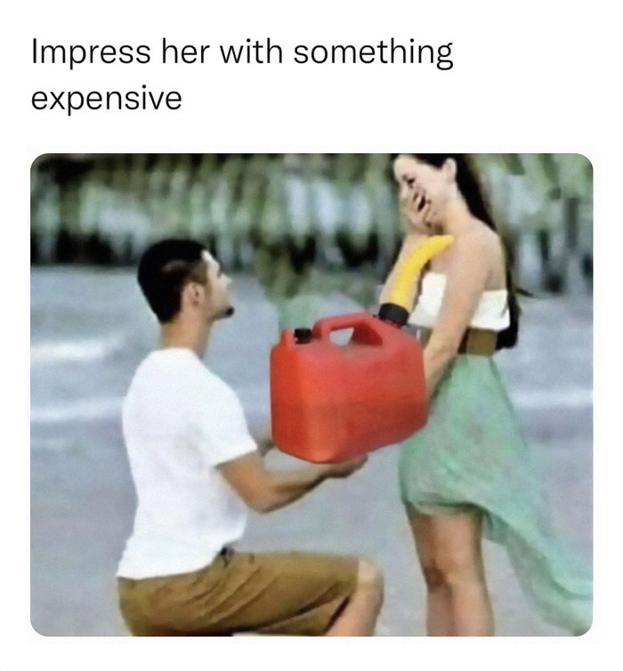 Man kneeling and offering a red gas can to a laughing woman, a funny example from bad drivers documented posts.