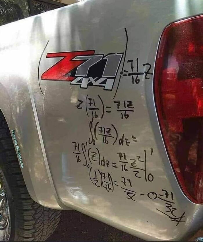 Math equations humorously written on a truck's Z71 4x4 decal, showcasing a funny example from bad drivers posts.