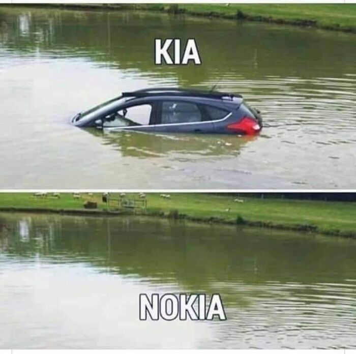 Car labeled Kia submerged in water and labeled Nokia showing dry land, illustrating examples of bad drivers in a Facebook group.