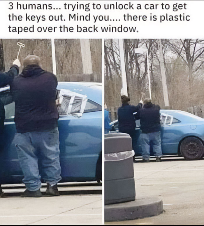 Three people trying to unlock a car with a plastic-taped window, illustrating examples of bad drivers from a Facebook group.
