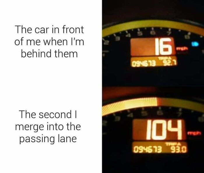 Speedometer showing slow speed for car in front and fast speed after merging, illustrating bad drivers in a Facebook group post.