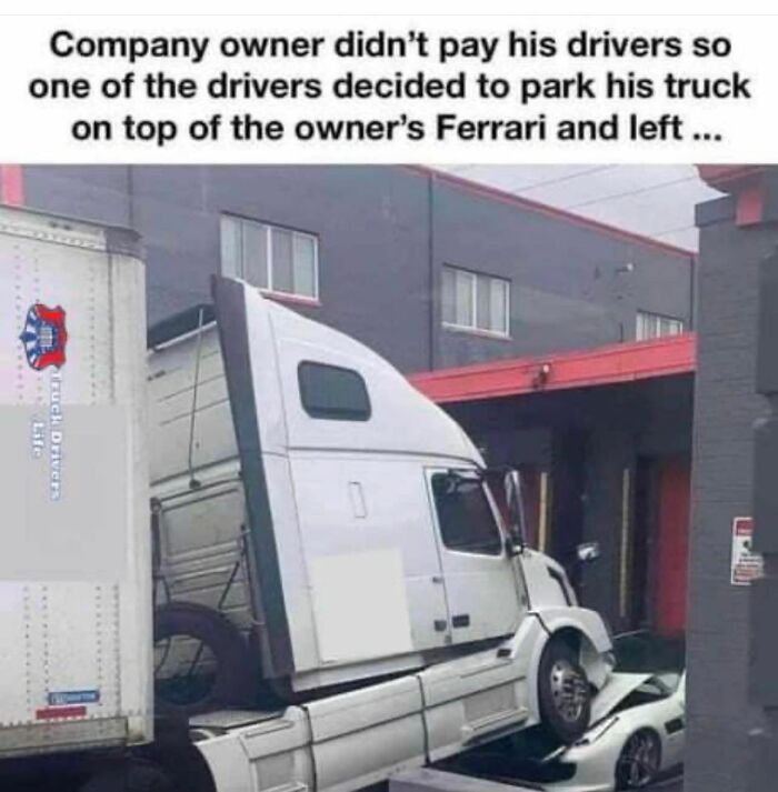 Truck driver parks truck on top of a Ferrari, a notable example from a Facebook group about bad drivers and their funny posts.