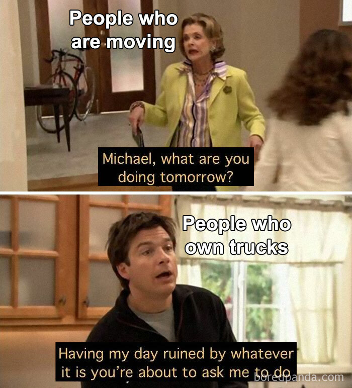 Two scenes from a show illustrate a funny contrast about owning a home and moving with friends who have trucks.