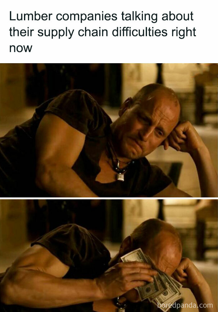 Man lying down, humorously holding money over face; meme about home ownership challenges and lumber supply issues.