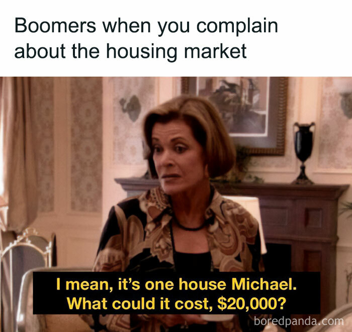 Woman reacting humorously to the housing market, illustrating relatable home ownership meme.