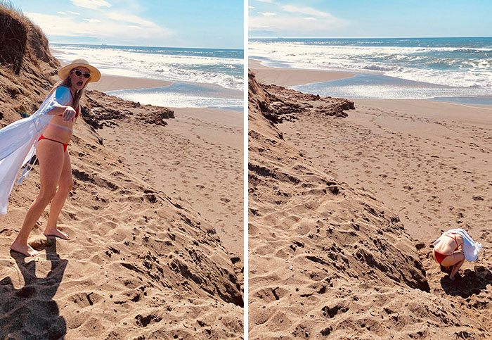 I Asked My Mom If She Could Get A Picture Of Me Mid-Air Jumping Off A Sand Dune. She Assured Me She Could. These Are The Two Pics She Got