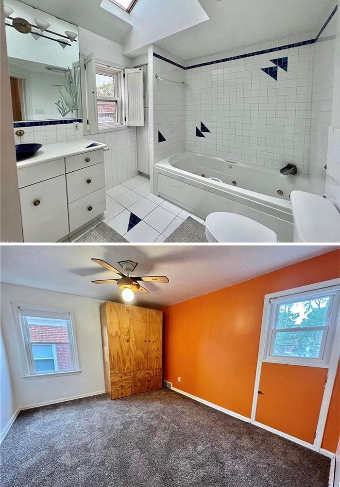 Idk How I Feel About This Bathroom But I’m Definitely Not A Fan Of The Bedroom Lights, Or The Door To *inside* The Wall