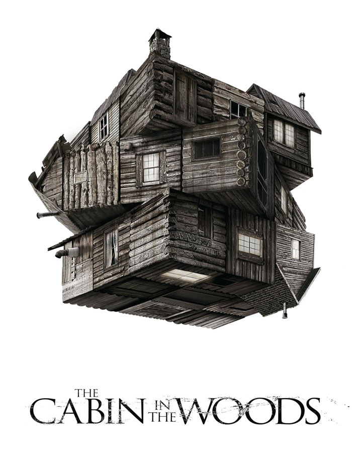 Upside-down wooden cabin with multiple angles and windows, representing a horror comedy scene with confusing elements.