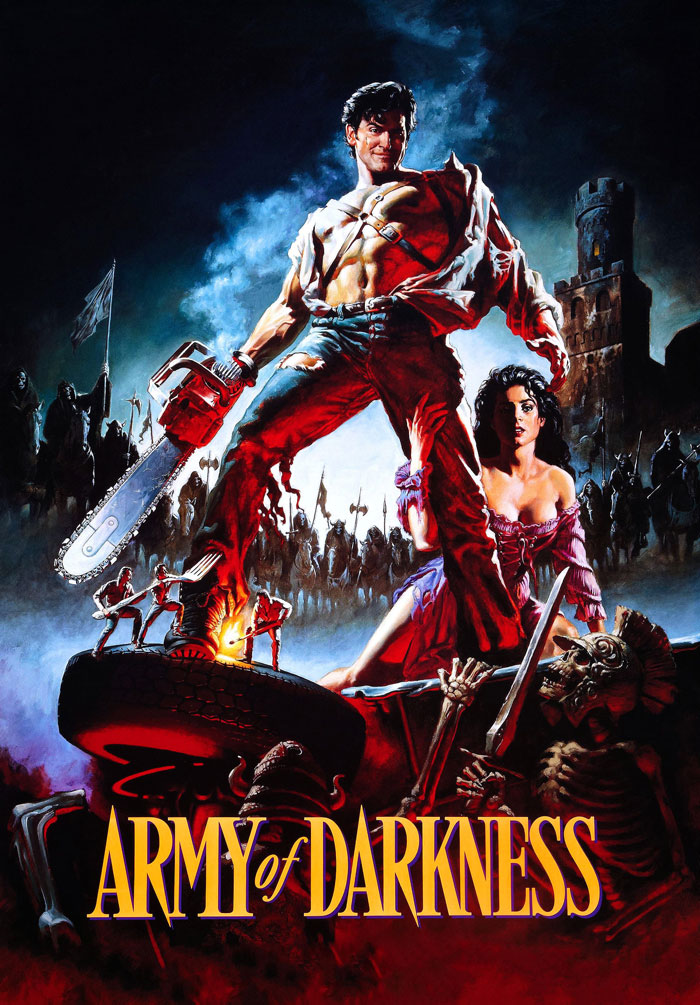 Poster of a horror comedy featuring a man with a chainsaw and a woman in distress, highlighting horror comedies.